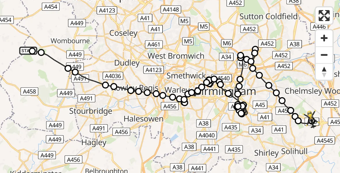 Flight route Police Helicopter Wolverhampton Halfpenny Green Airport - Solihull, 03 July 2026, 19:24