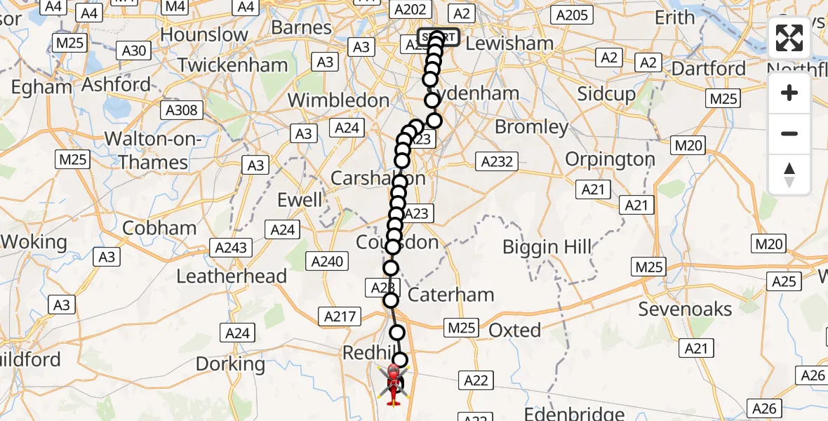 Flight route Air Ambulance Helicopter Kings College London Hospital - Redhill Aerodrome, 03 July 2026, 19:27