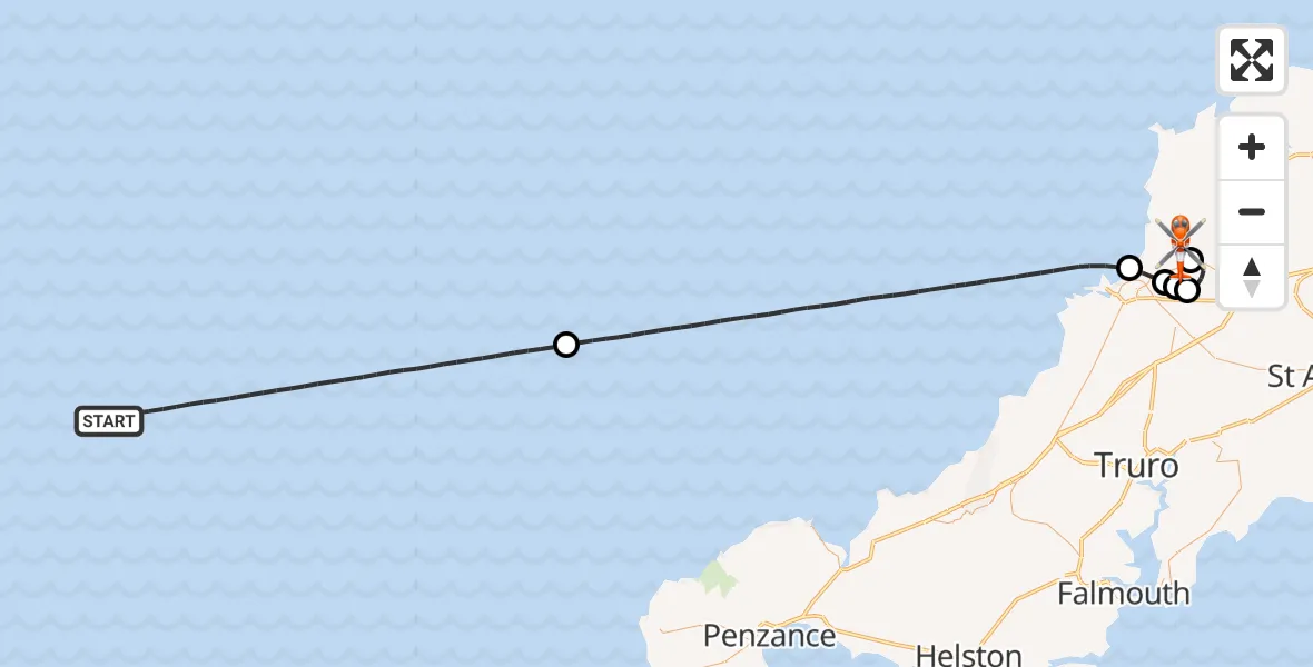 Flight route Coastguard Helicopter North Atlantic Ocean - Cornwall Airport Newquay, 03 July 2026, 19:36