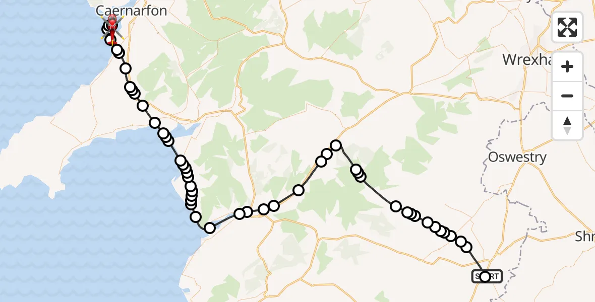 Flight route Air Ambulance Helicopter Welshpool Airport - Caernarfon Airport, 03 July 2026, 19:39