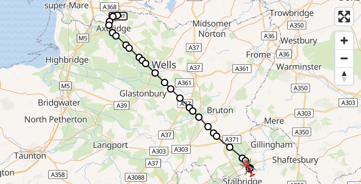 Flight route Air Ambulance Helicopter Shipham - Henstridge Airfield, 03 July 2026, 19:50