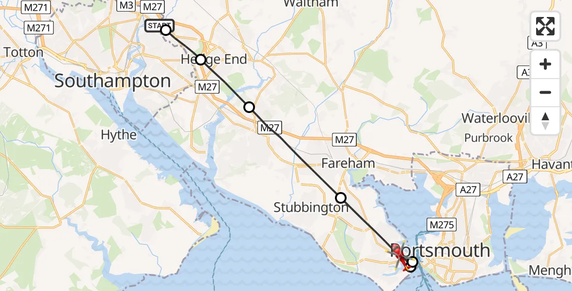 Flight route Air Ambulance Helicopter Chartwell Green - Gosport, 03 July 2026, 19:54