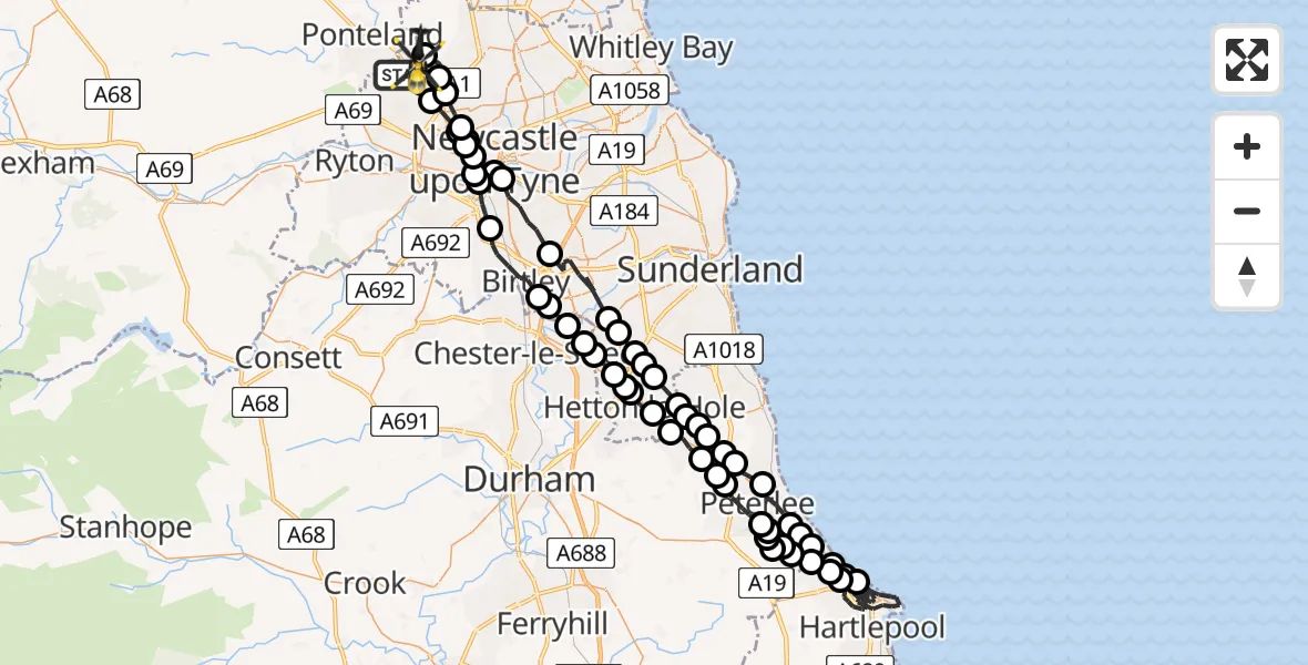 Flight route Police Helicopter Callerton - Newcastle International Airport, 03 July 2026, 19:58