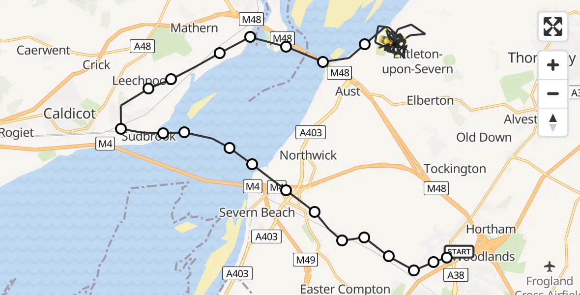 Flight route Police Helicopter Almondsbury Helicopter Base - Littleton-upon-Severn, 03 July 2026, 20:32
