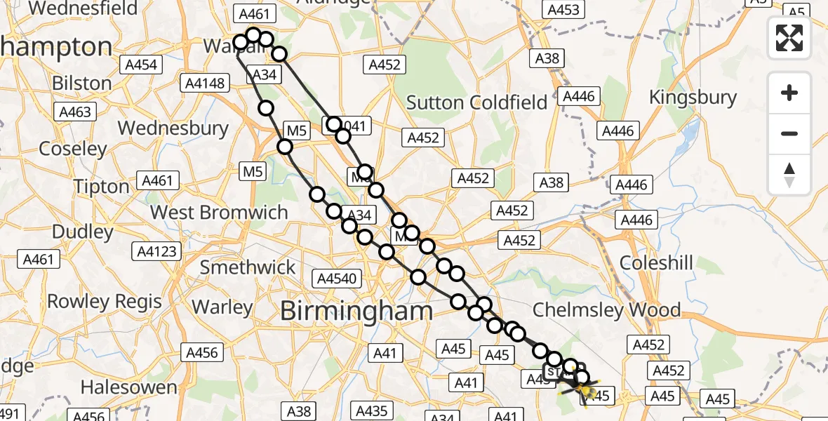 Flight route Police Helicopter Sheldon - Solihull, 03 July 2026, 20:34