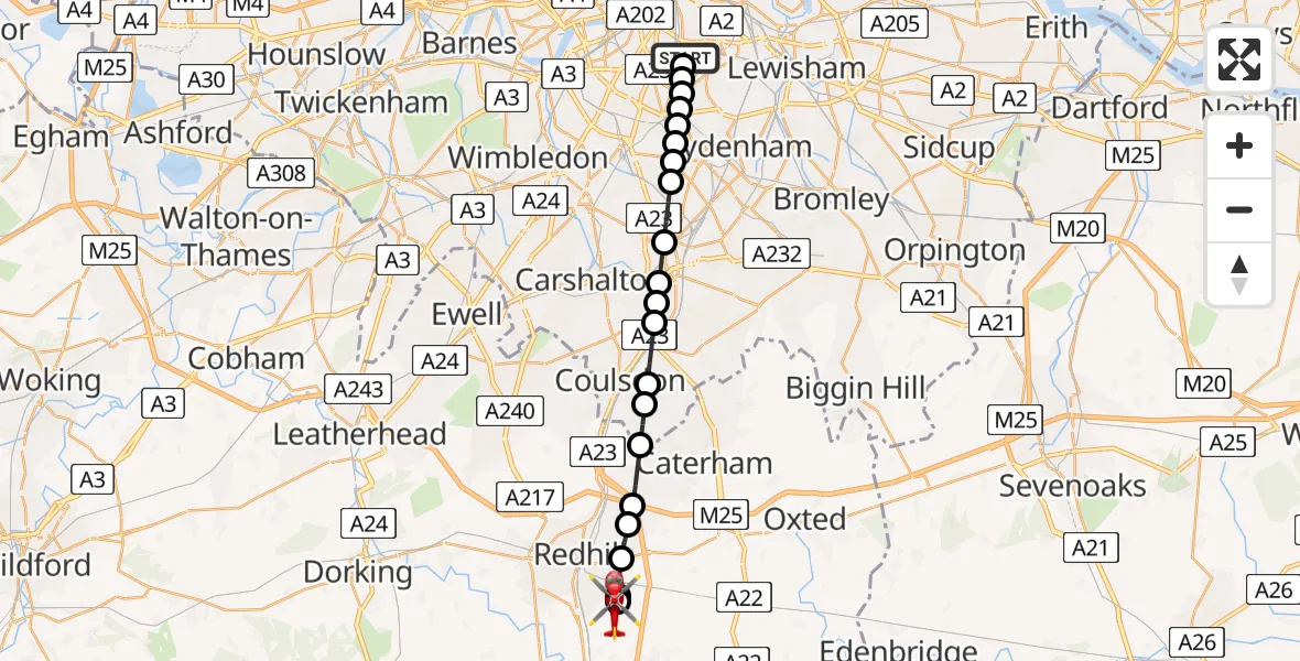 Flight route Air Ambulance Helicopter Kings College London Hospital - Redhill Aerodrome, 03 July 2026, 20:41