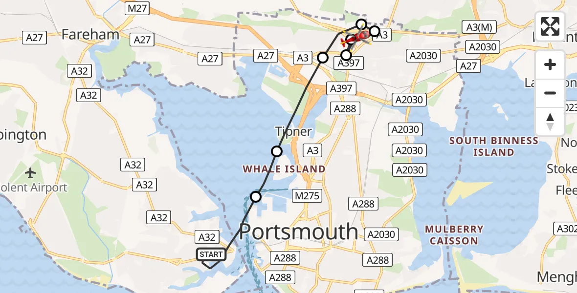 Flight route Air Ambulance Helicopter Gosport - Cosham, 03 July 2026, 20:46
