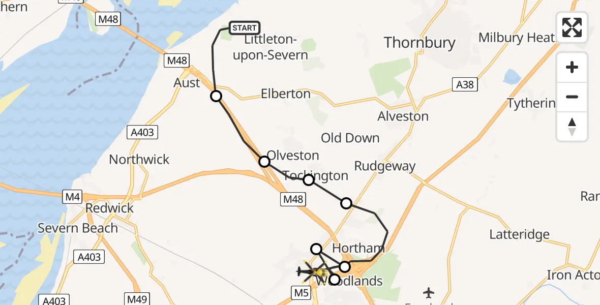 Flight route Police Helicopter Littleton-upon-Severn - Woodlands, 03 July 2026, 20:50