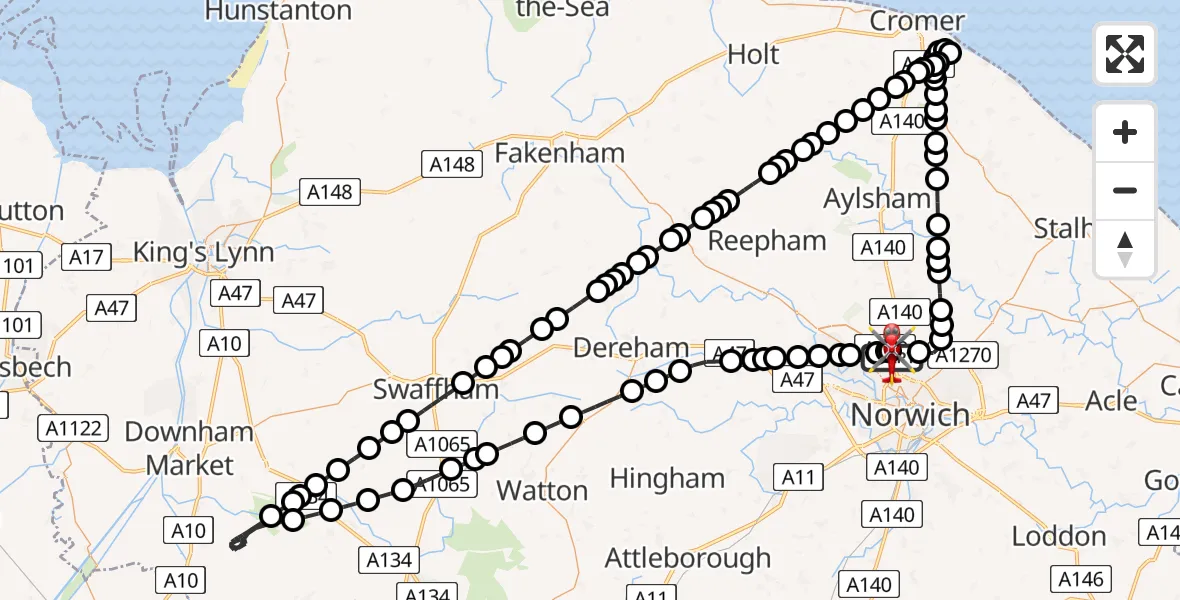 Flight route Air Ambulance Helicopter Norwich Airport - Norwich Airport, 03 July 2026, 20:56
