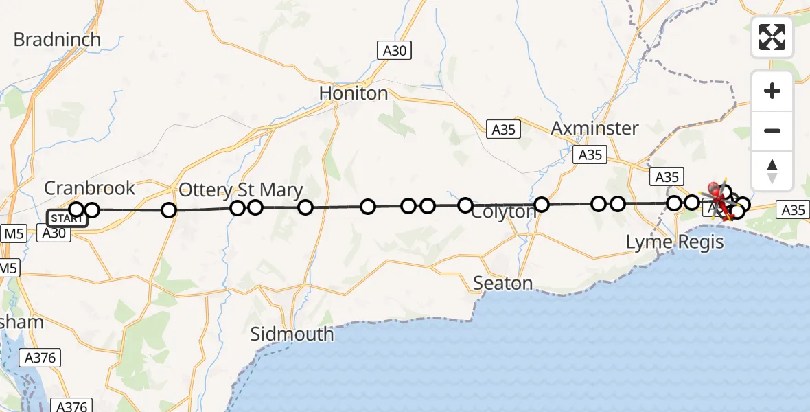 Flight route Air Ambulance Helicopter Exeter International Airport - Charmouth, 03 July 2026, 20:59