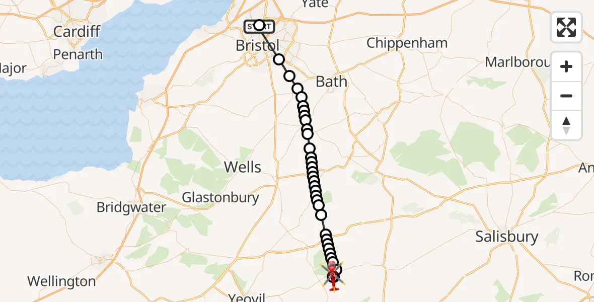 Flight route Air Ambulance Helicopter Southmead Hospital - Henstridge Airfield, 03 July 2026, 21:15