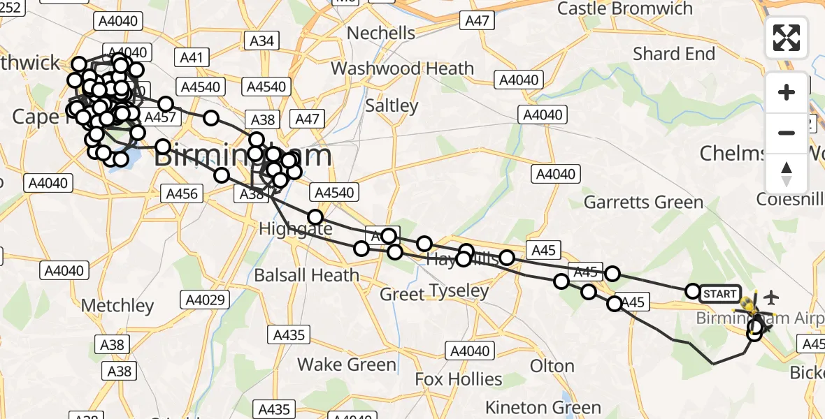 Flight route Police Helicopter Birmingham Airport - Birmingham Airport, 03 July 2026, 21:18