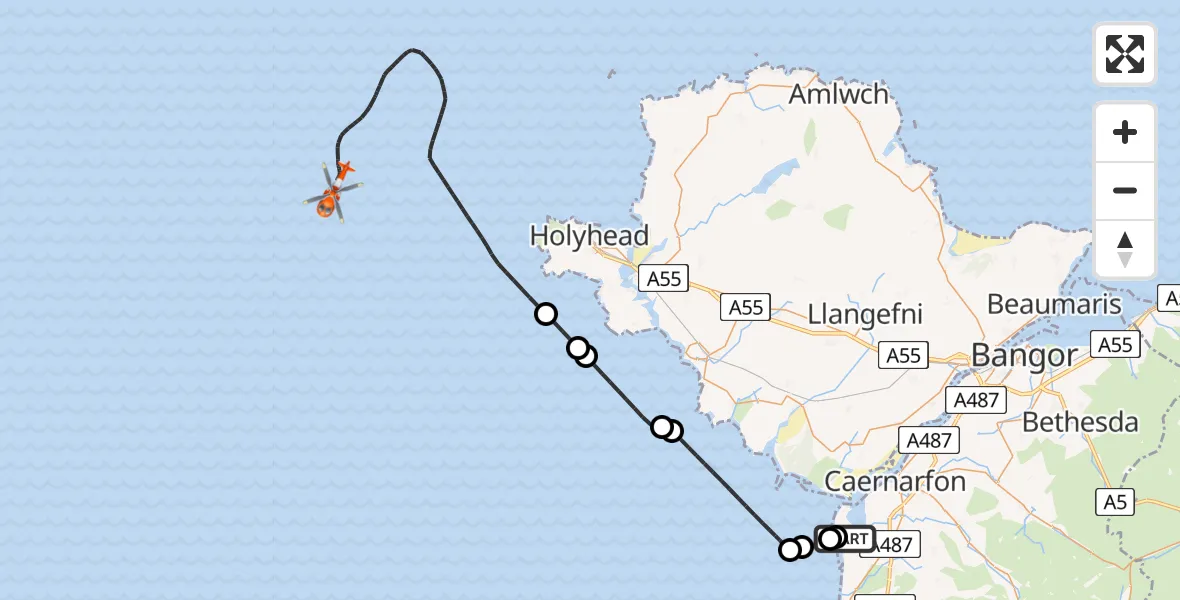 Flight route Coastguard Helicopter Caernarfon Airport - Irish Sea, 03 July 2026, 21:24