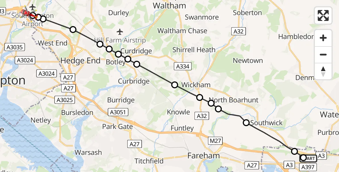 Flight route Air Ambulance Helicopter Queen Alexandra Hospital - Southampton Airport, 03 July 2026, 21:31