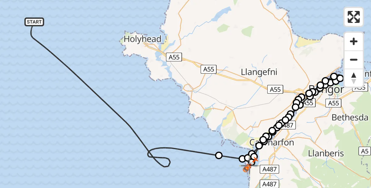 Flight route Coastguard Helicopter Irish Sea - Caernarfon Airport, 03 July 2026, 22:02