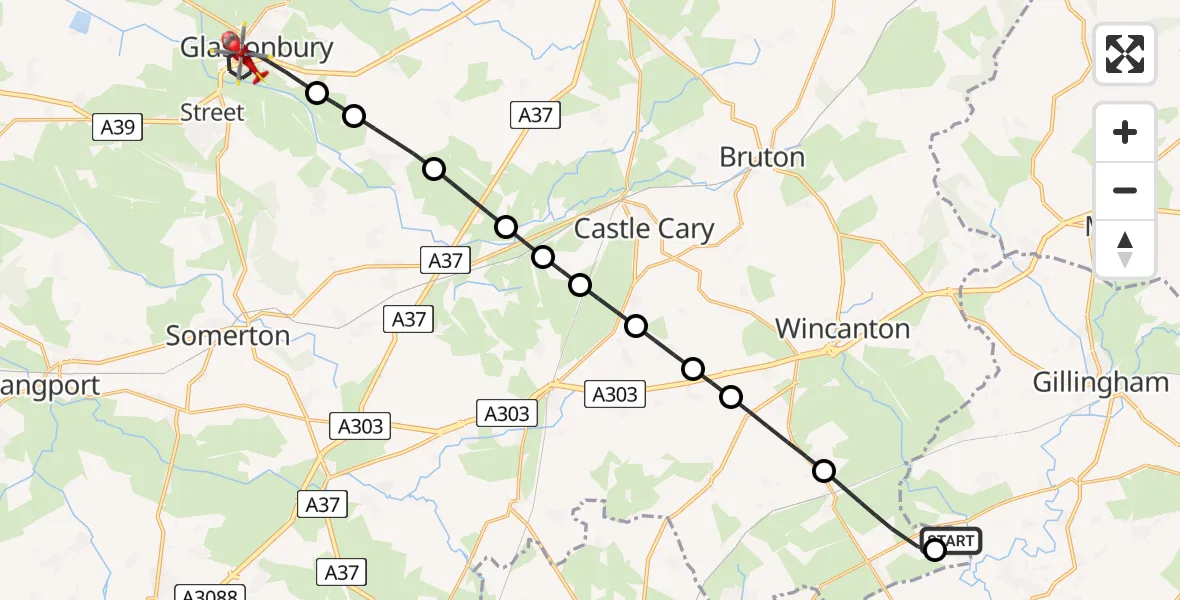 Flight route Air Ambulance Helicopter Henstridge Airfield - Glastonbury, 03 July 2026, 22:10