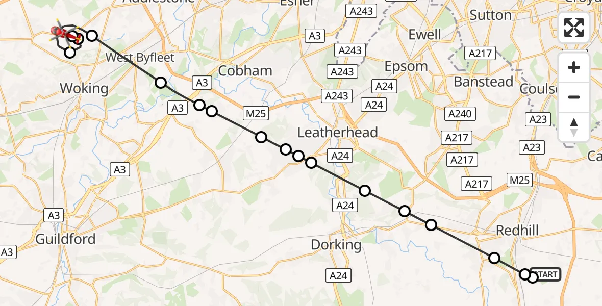 Flight route Air Ambulance Helicopter Redhill Aerodrome - Chobham, 03 July 2026, 22:30