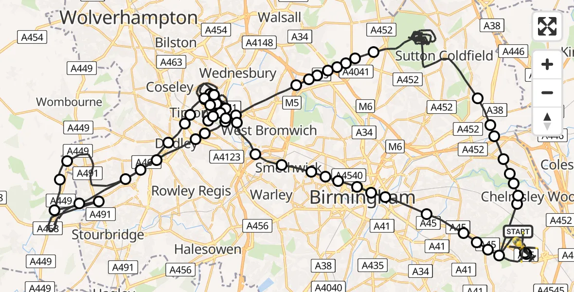Flight route Police Helicopter Birmingham Airport - Solihull, 03 July 2026, 22:49