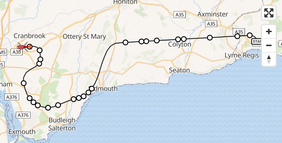 Flight route Air Ambulance Helicopter Charmouth - Exeter International Airport, 03 July 2026, 22:51