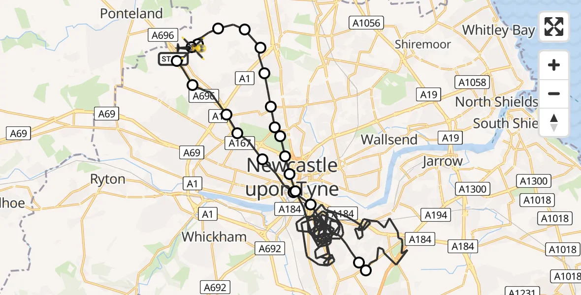 Flight route Police Helicopter Newcastle International Airport - Newcastle International Airport, 03 July 2026, 22:53