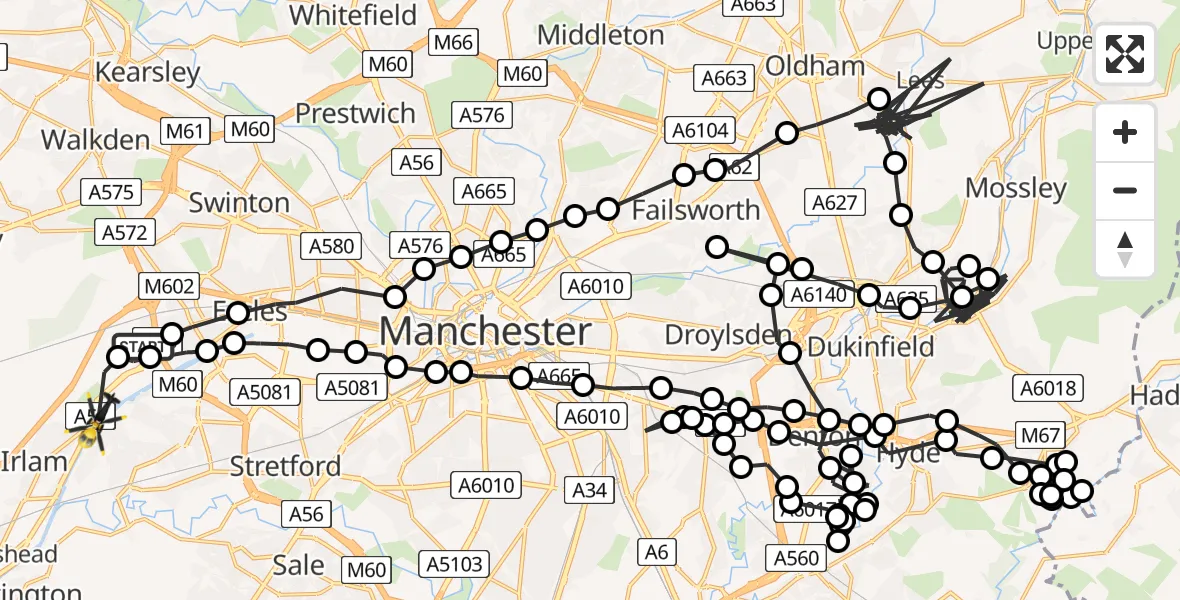 Flight route Police Helicopter Worsley - Flixton, 03 July 2026, 23:27