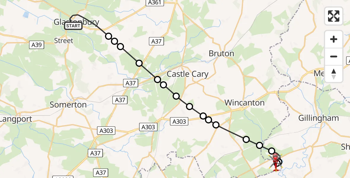 Flight route Air Ambulance Helicopter Glastonbury - Henstridge Airfield, 03 July 2026, 23:43