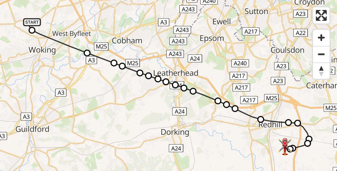 Flight route Air Ambulance Helicopter Chobham - Redhill Aerodrome, 03 July 2026, 23:46