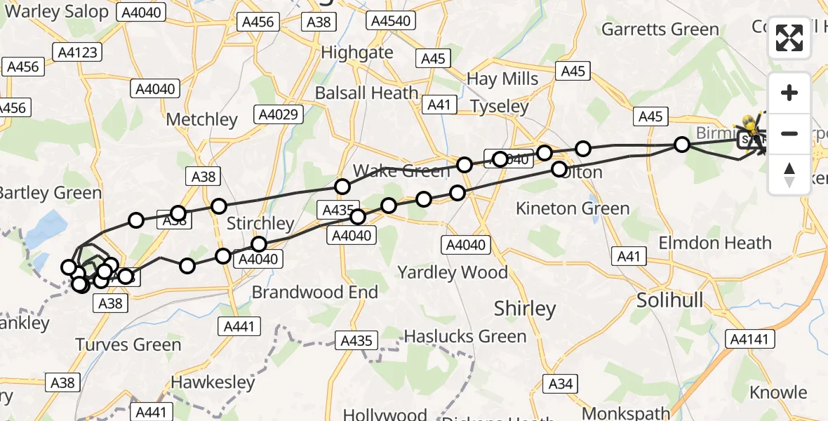 Flight route Police Helicopter Birmingham Airport - Solihull, 04 July 2026, 00:21