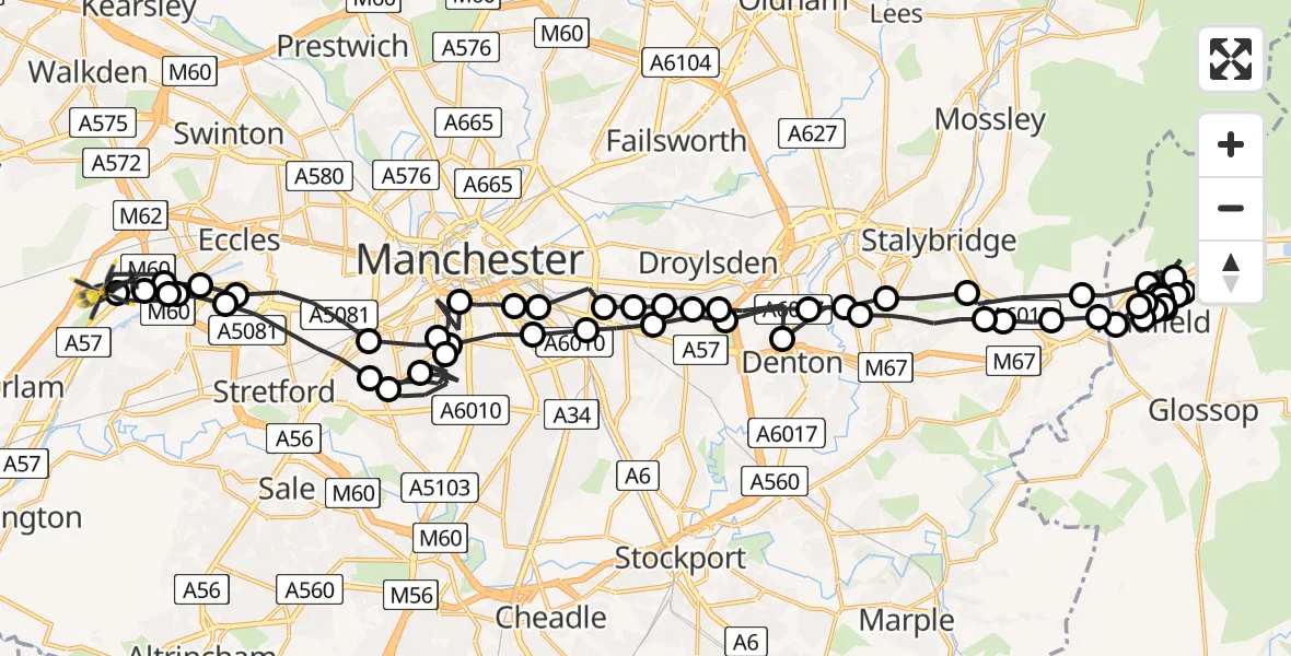 Flight route Police Helicopter Eccles - Manchester Barton Aerodrome, 04 July 2026, 01:47