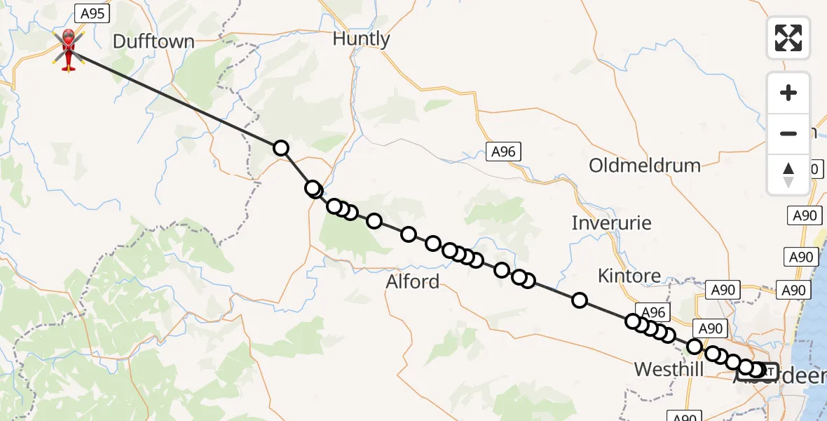 Flight route Air Ambulance Helicopter Aberdeen Royal Infirmary Helistrip - Moray, 04 July 2026, 04:34