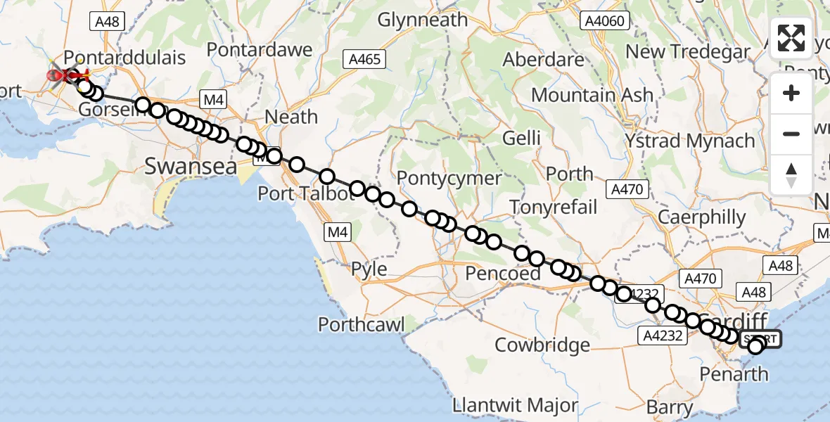 Flight route Air Ambulance Helicopter Cardiff Heliport - Dafen, 04 July 2026, 06:16