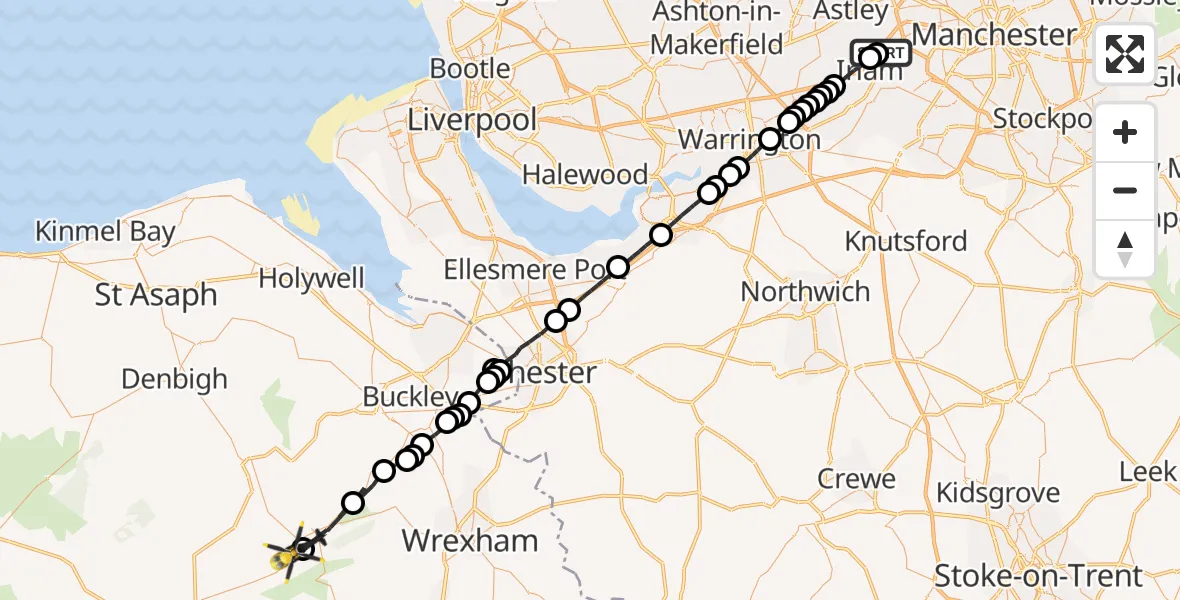 Flight route Police Helicopter Eccles - Bryneglwys, 04 July 2026, 06:40