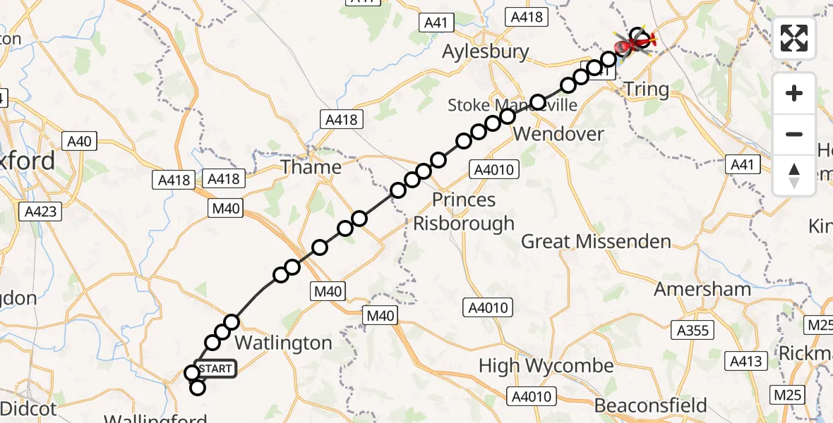 Flight route Air Ambulance Helicopter Ewelme - Marsworth, 04 July 2026, 07:39