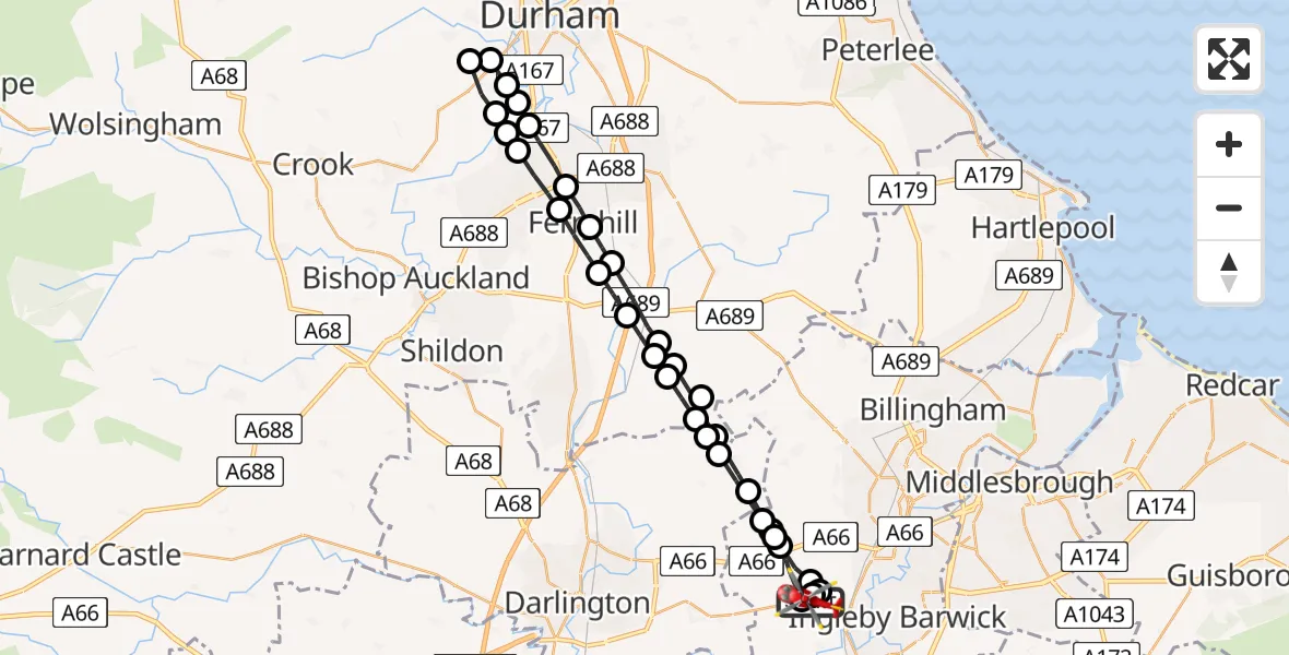 Flight route Air Ambulance Helicopter Egglescliffe - Longnewton, 04 July 2026, 07:47