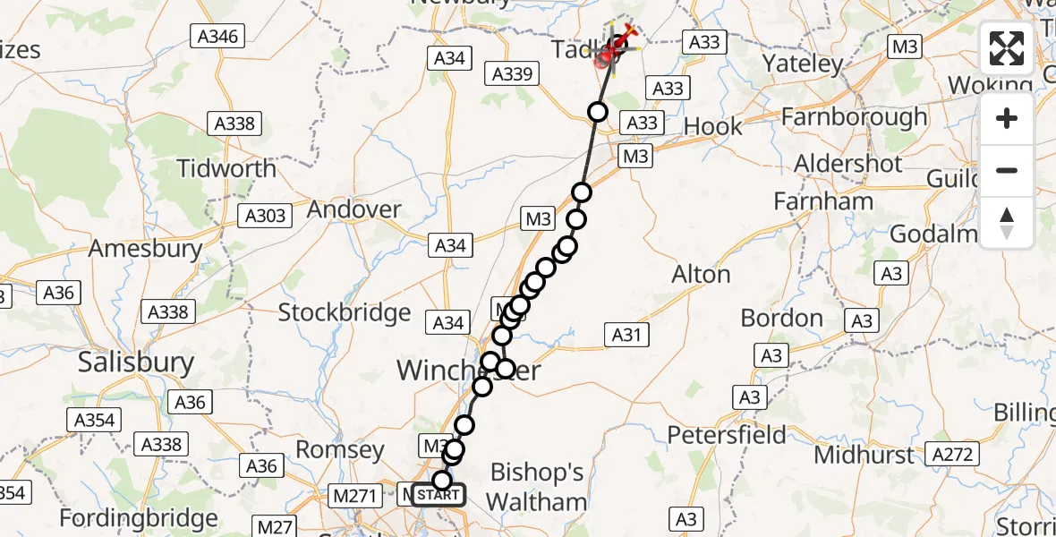 Flight route Air Ambulance Helicopter Southampton Airport - Silchester, 04 July 2026, 07:53
