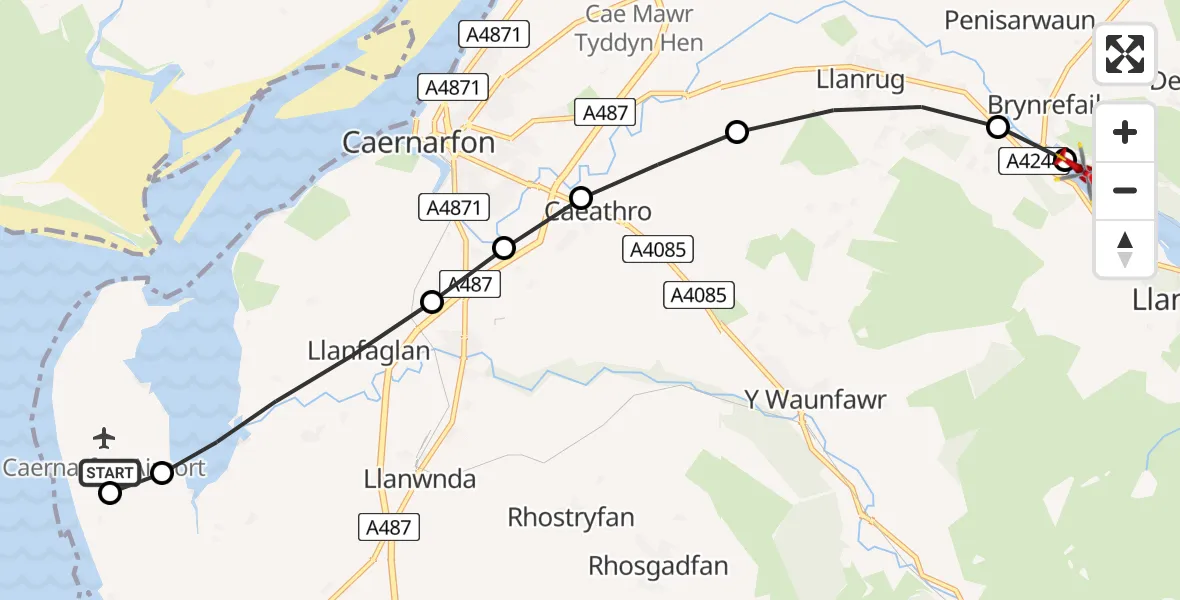 Flight route Air Ambulance Helicopter Caernarfon Airport - Llyn Padarn, 04 July 2026, 08:44