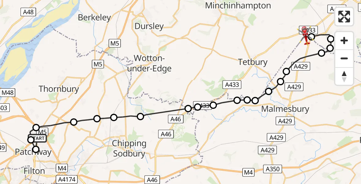 Flight route Air Ambulance Helicopter Almondsbury Helicopter Base - Cotswold Airport, 04 July 2026, 08:44