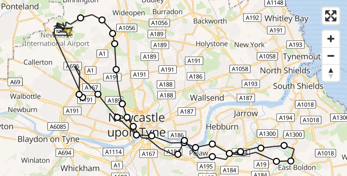 Flight route Police Helicopter Newcastle International Airport - Newcastle International Airport, 04 July 2026, 09:36