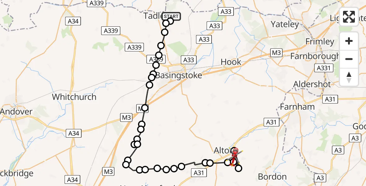 Flight route Air Ambulance Helicopter Silchester - East Worldham, 04 July 2026, 09:40