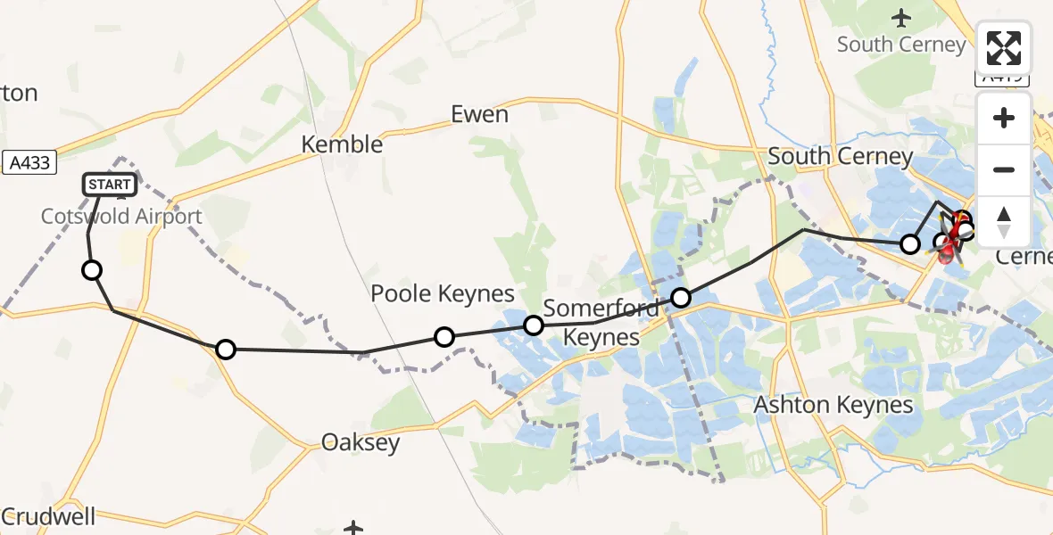 Flight route Air Ambulance Helicopter Cotswold Airport - Cerney Wick, 04 July 2026, 09:51