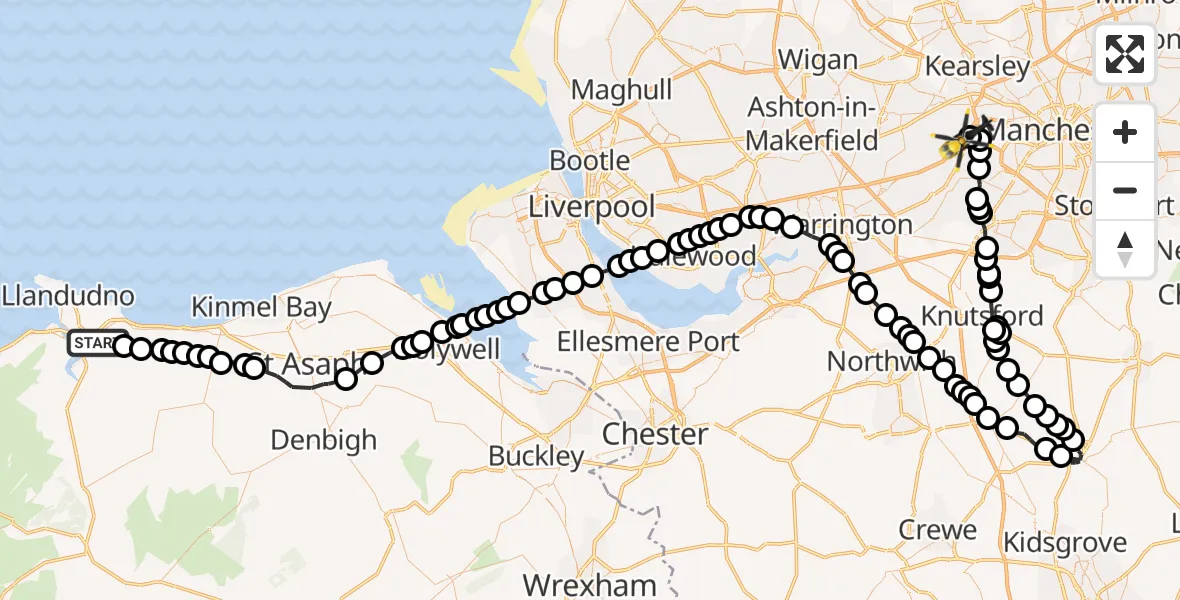 Flight route Police Helicopter Llansanffraid Glan Conwy - Manchester Barton Aerodrome, 04 July 2026, 09:51