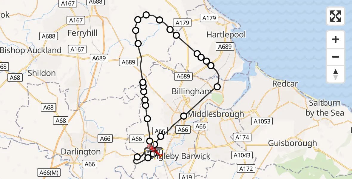 Flight route Air Ambulance Helicopter Egglescliffe - Longnewton, 04 July 2026, 09:52