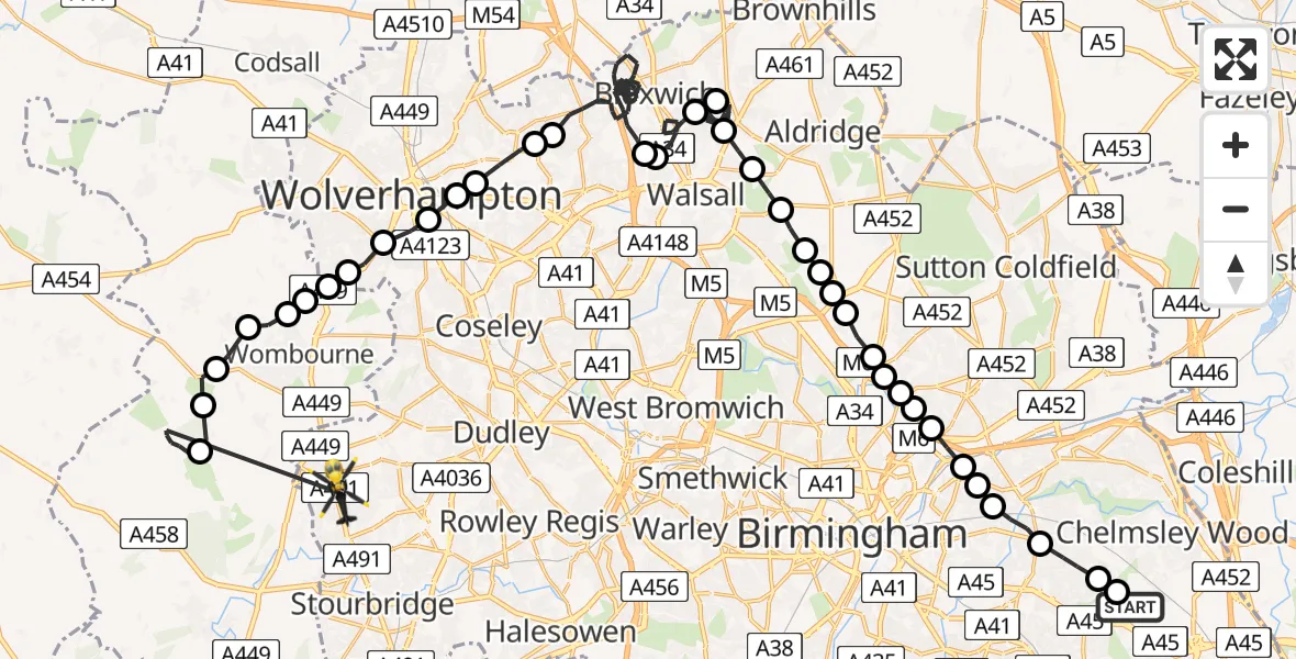 Flight route Police Helicopter Birmingham Airport - Dudley, 04 July 2026, 09:52