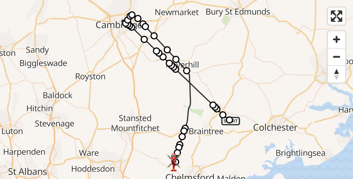 Flight route Air Ambulance Helicopter Earls Colne Airfield - Chelmsford, 04 July 2026, 10:00