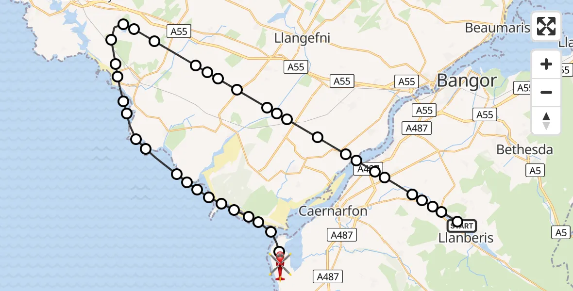Flight route Air Ambulance Helicopter Llyn Padarn - Caernarfon Airport, 04 July 2026, 10:00