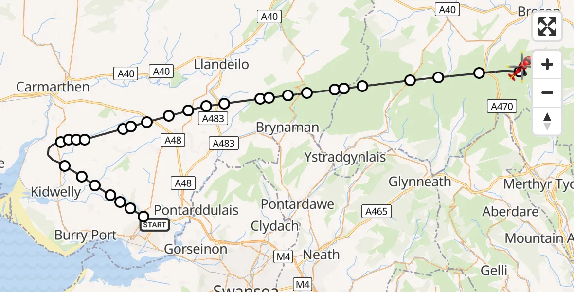 Flight route Air Ambulance Helicopter Dafen - Llanfrynach, 04 July 2026, 10:03