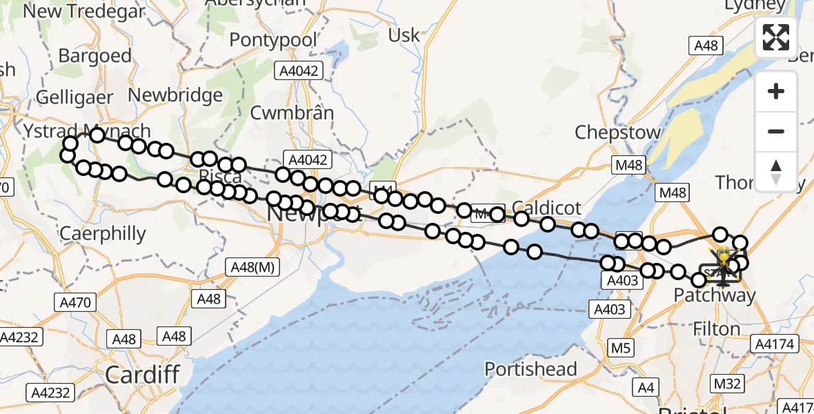 Flight route Police Helicopter Almondsbury - Almondsbury Helicopter Base, 04 July 2026, 10:07