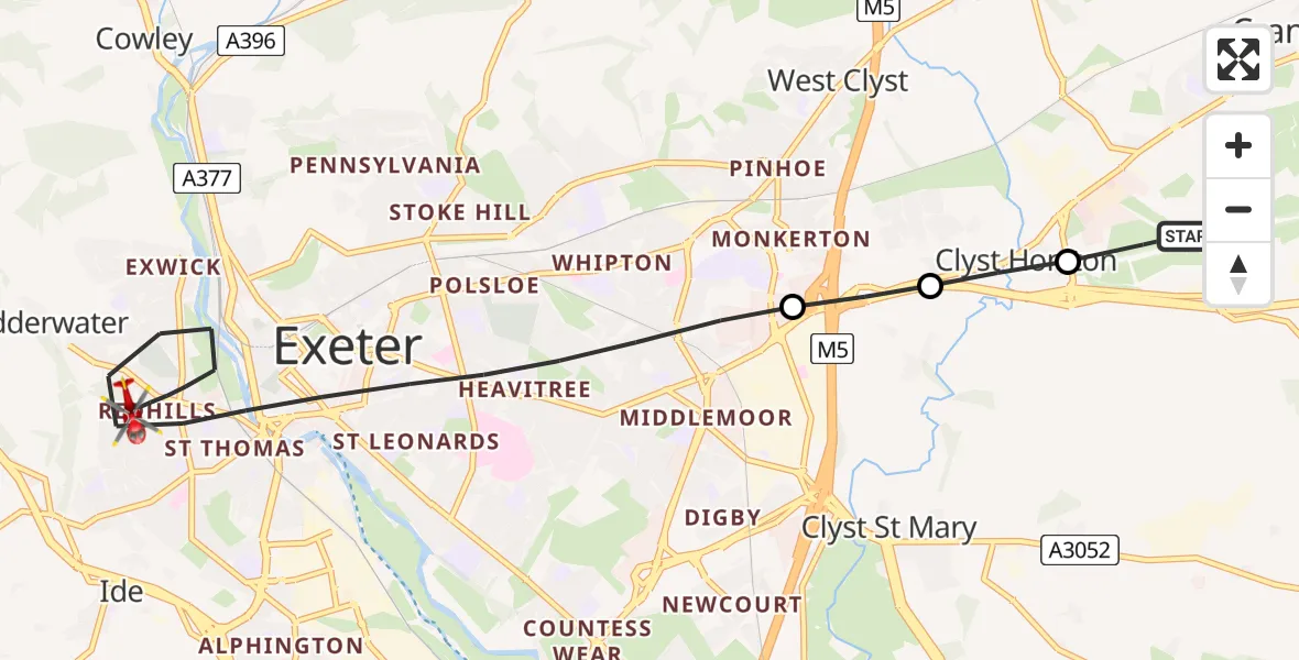Flight route Air Ambulance Helicopter Exeter International Airport - Exeter, 04 July 2026, 10:24