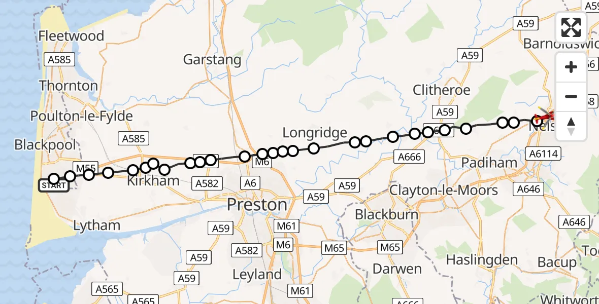 Flight route Air Ambulance Helicopter Blackpool Airport - Nelson, 04 July 2026, 10:26