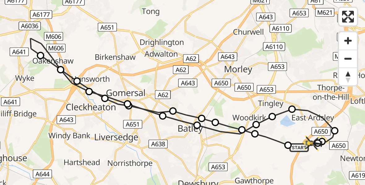 Flight route Police Helicopter East Ardsley - East Ardsley, 04 July 2026, 10:29